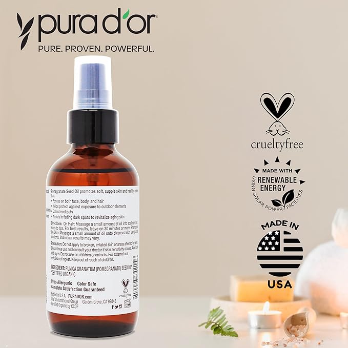 PURA D'OR 4 Oz ORGANIC Pomegranate Oil - 100% Pure USDA Certified Premium Grade, Cold Pressed Body Oil - Rich in Antioxidants - Face and Skin - Hair Moisturizer For Men and Women
