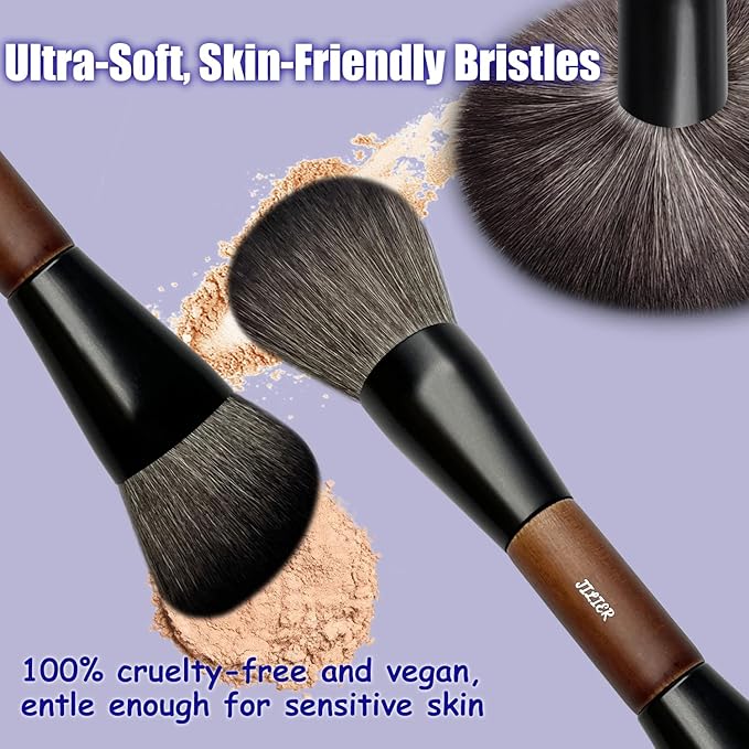 JILIER Double Ended Blush Powder Brush, Duo Bronzer Brush Highlighter, Foundation Contour Brush, for Liquid, Cream, Powder,Blending, Buffing –Premium Bristles, Natural Wood Handle makeup brushes