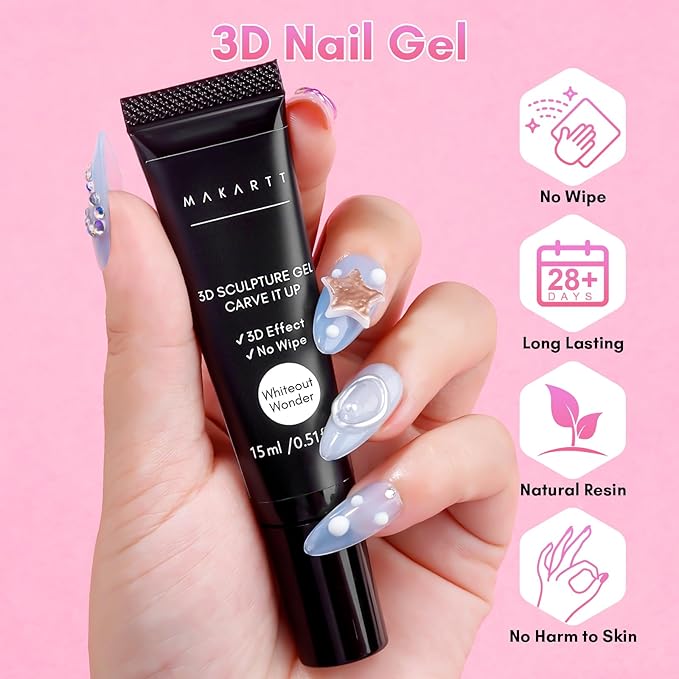 Makartt 3D Nail Gel for Nail Art: No Wipe 15g White Sculpting Molding Candy Craving Gel Polish Rhinestone Nails Charm Glue Decoration Manicure Designs (Whiteout Wonder)