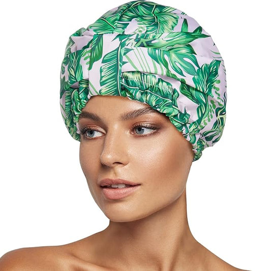 INNELO Luxury Shower Cap for Women Reusable Waterproof, Double Layered Shower Hair Cap with Adjustable Elastic Strap, Large Satin Lined Shower Bath Cap for Long Curly Straight Hair, Palm leaves