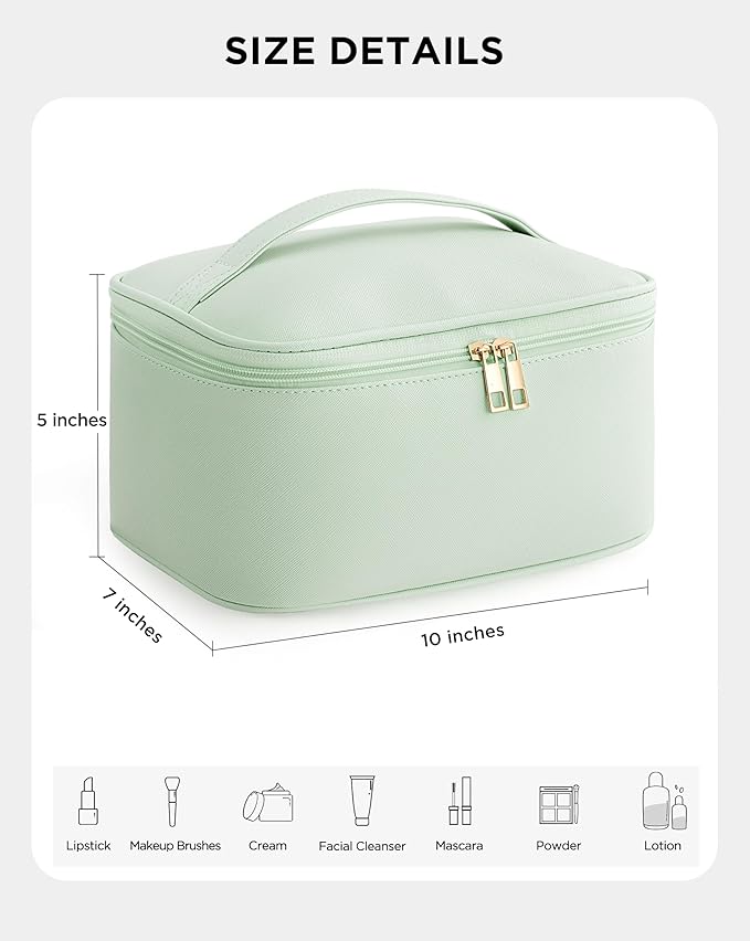 Makeup Bag for Women Large Travel Makeup Bag Organizer Portable Toiletry Bag Cute Makeup Bags Waterproof Leather Cosmetic Bag Makeup Case with Removable Dividers, Green