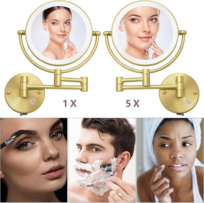 8 Inch Brass Rechargeable Lighted Wall Mounted Makeup Mirror Gold, 1X/5X Double Sided Vanity Mirror with Light and Magnification, 360 Swivel Extendable Shaving Mirror, Brushed Gold