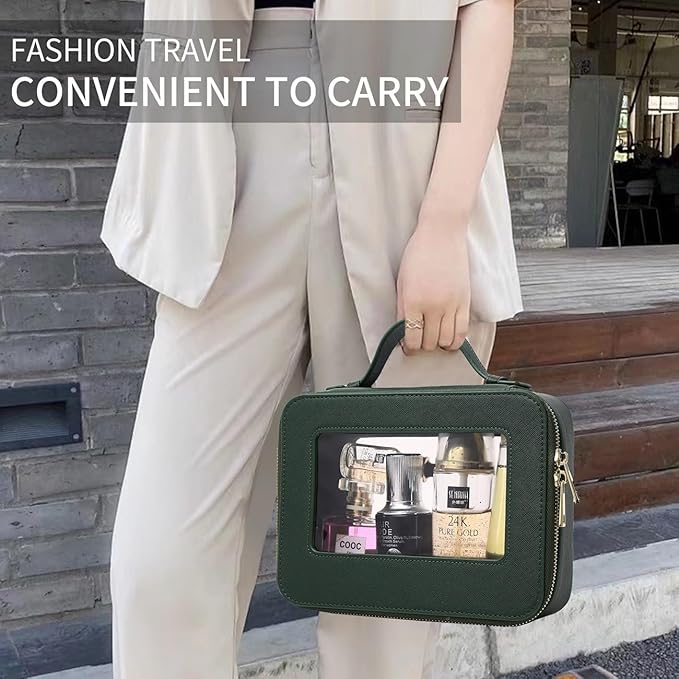 Pinkmik Travel Makeup Bag with Brush Holder Portable Clear Cosmetic Case Waterproof Toiletry Bag Cosmetic Organizer for Women (X/Green, L+SLIM)