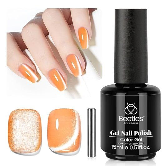 Beetles Orange Cat Eye Gel Polish, 15ML Orange Cat Eye Glitter Gel Polish with Magnet Soak Off UV Shimmer Velvet Gel Twilight Glow Series French Nail Art Design Manicure Gifts for Women