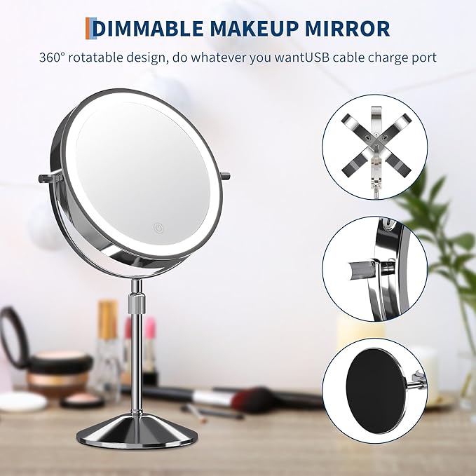Garvee Lighted Makeup Mirror, Rechargeable Height Adjustable Double Sided Vanity Mirror, 1x/10x True HD Magnifying, Brightness Adjustable, Three Colors, 360° Rotation Vanity, Gift for Women, Chrome