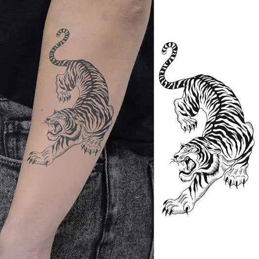 Tiger Temporary Tattoo for Men & Women – 3x5 Inch Realistic Black Ink Beast Fake Tattoo, Bold Animal Body Art for Arm, Chest, Back & Shoulder