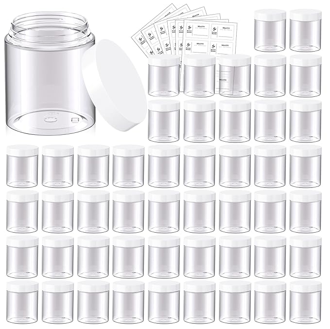 48 Pack 8 OZ Plastic Jars Round Clear Cosmetic Container Jars with White Lids, Eternal Moment Plastic Slime Jars for Lotion, Cream, Ointments, Makeup, Eyeshadow, Rhinestone, Samples, Travel Storage