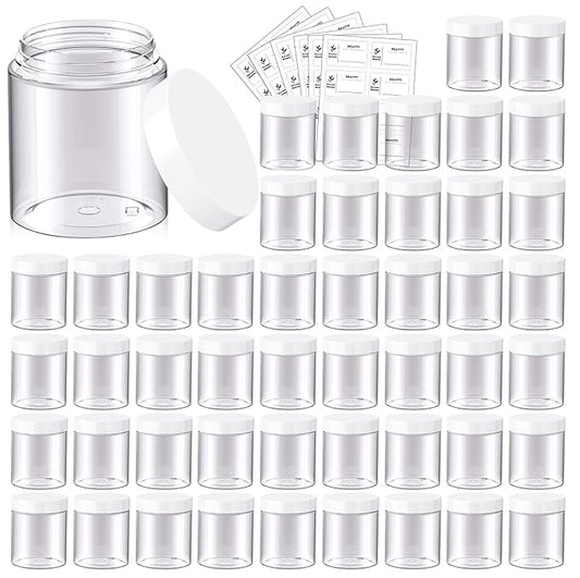 48 Pack 8 OZ Plastic Jars Round Clear Cosmetic Container Jars with White Lids, Eternal Moment Plastic Slime Jars for Lotion, Cream, Ointments, Makeup, Eyeshadow, Rhinestone, Samples, Travel Storage
