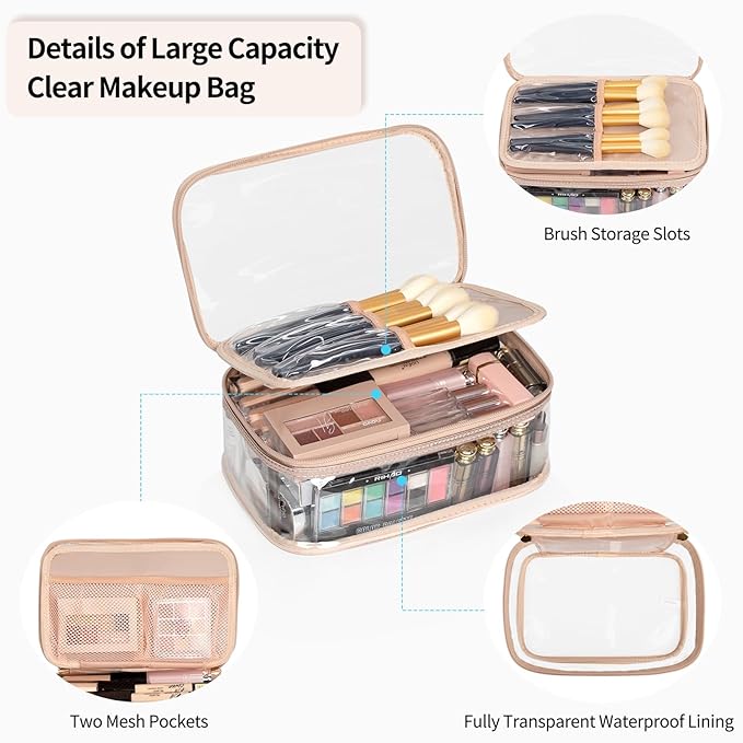 OCHEAL Clear Makeup Bag, Portable Makeup Organizer Cosmetic Bag, Large Travel Makeup Bag Cute Clear Pouch For Women and Girls Cosmetics Bags with Divider Makeup Brush Compartment-Rose Gold