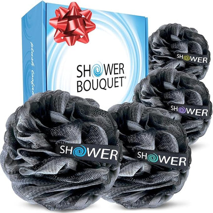 SHOWER BOUQUET Loofah-Charcoal Bath-Sponge-4-Pack // Extra-Large 75g Soft Mesh Black Loofa Lufa Loufa Luffa Puff Set/Exfoliating Body Scrubber for Women and Men - Exfoliate & Soothe Face & Body