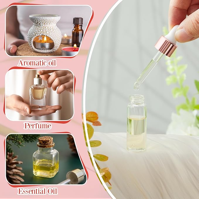 100 Pcs Mini Glass Oil Dropper Bottle Bulk, Clear Essential Small Empty Bottles Sample Containers Perfume Liquid Vials with Cap for Traveling (1ml,2ml,3ml,5ml,Rose Gold)