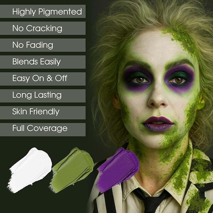 BAD COLOR 3PCS White Ogre Green Purple Face Body Paint Stick Makeup for Beetle-juice/ Frankenstein SFX Cosplay & Dress Up, Full-Coverage Halloween Facepaint Makeup Kit
