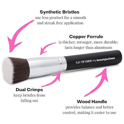 Flat Top Kabuki Foundation Brush - Beauty Junkees Large Dense Synthetic Face Makeup Brushes for Liquid, Cream, Powder Make Up, Buffing, Blending, Stippling Applicator, Brocha Para Base de Maquillaje