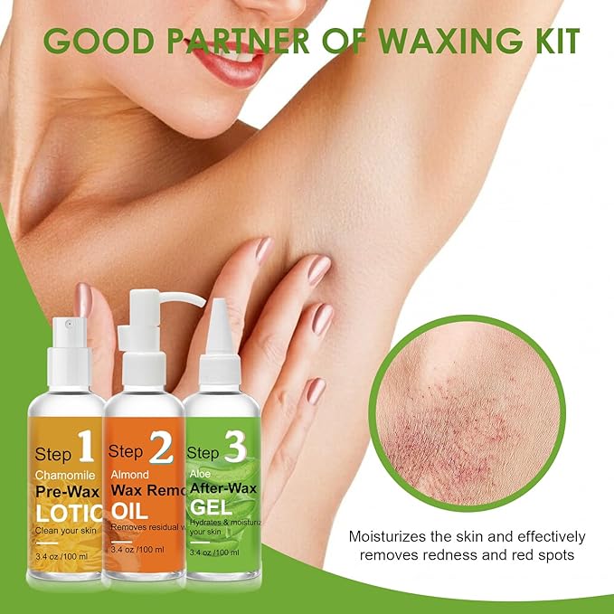Pre Wax Spray and After Wax Spray, Triple-bottle Skin Care Set with Pre-wax Cleanser, Wax Remover Oil and Skin Soother Organic Aloe Vera Gel for Sensitive Skin - 100ML