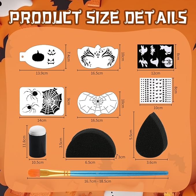 63 pcs Halloween Face Painting Stencils Kit, 38 pcs Reusable Face Body Paint Stencils Templates, 10 Brushes, 13 pcs Sponges, 2 Black Gems for Halloween Makeup Depvision Face Paint Accessory Kit