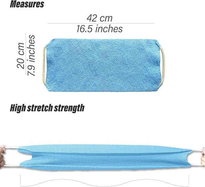 Inmorven Exfoliating Back Scrubber with Handles, Nylon Back Exfoliator, Two Sides Stretchable Pull Strap Shower Deep Cleans Skin Massages Invigorating Blood Circulation for Women Men Body (Bule)
