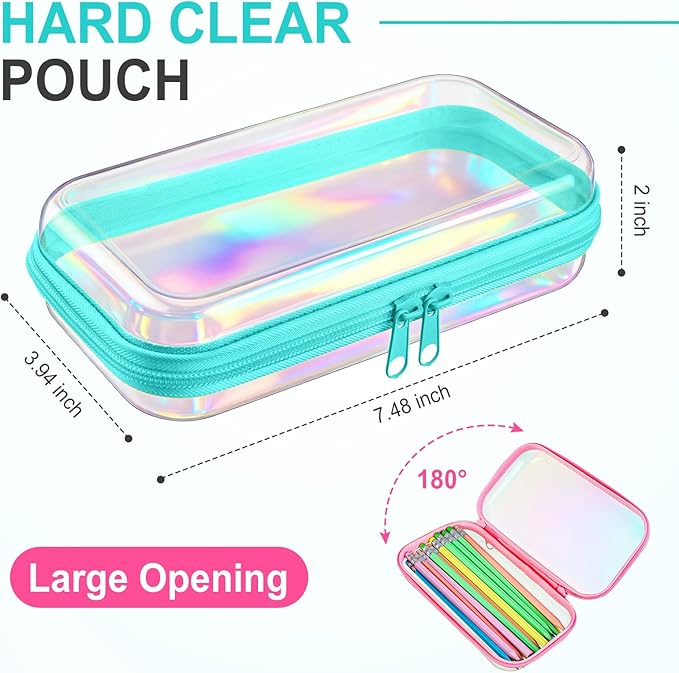 Sanwuta 6 Pcs Clear Hard Zipper Case Pencil Pouches Hard Plastic Zipper Pouches Makeup Bag Transparent Cases for Snacks Plastic Storage Organizer Box for Travel(Holographic,7.48 x 3.94 x 2 Inch)