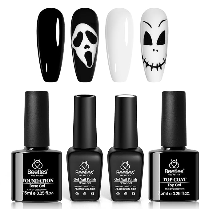 Beetles Gel Nail Polish Set - 4Pcs White Black Gel Polish Set with No Wipe Top&Base Coat Nail Polish Set Soak Off UV LED Lamp Manicure Salon DIY Home Halloween Gifts for Her Women
