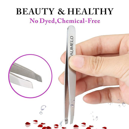 Tweezers Set 4-Piece Professional Stainless Steel Tweezers Gift with Travel Case by Aumelo - Best Precision Eyebrow and Splinter Ingrown Hair Removal Tweezer Tip,No Colored & Chemical Free
