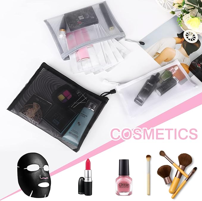 12 Pieces Zipper Nylon Mesh Pouch, Mesh Cosmetic Bags Makeup Bags Pencil Case, Multipurpose Travel Bags for Cosmetic School Office Supplies and Travel Accessories (Black, A5+B6)
