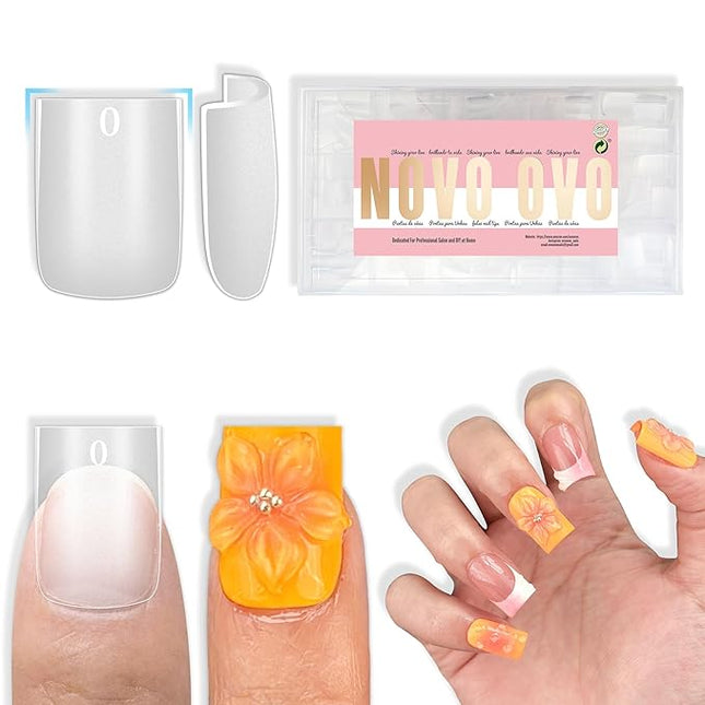 NOVO OVO Sharp Square Short Nail Tips Press on, Natural (Not Sculpted) No C Curve Soft Gel Double Matte Clear Fake Nail Extension, Full Cover False Nails for Salon DIY Manicure x 15 Sizes 510 pcs