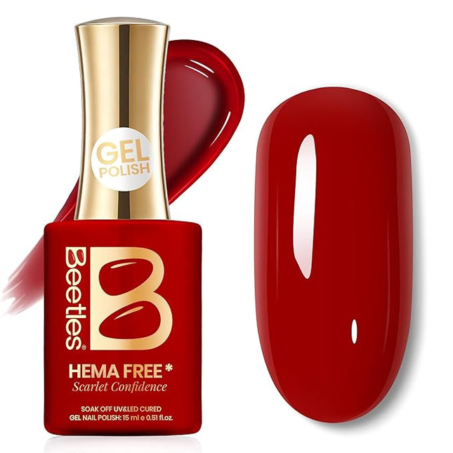Beetles Red Gel Polish - Scarlet Confidence 15ML/0.51Fl Oz,Hema Free Red Gel Nail Polish, Same Color Same Bottle, Soak Off UV LED Lamp Nail Art, Long-Lasting Manicure Salon DIY Home Valentines Nails