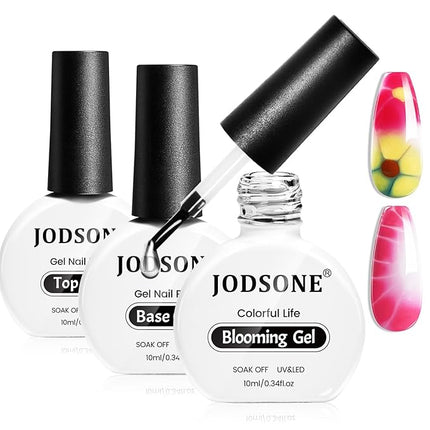 JODSONE 3pcs 10ml Base Top Coat Blooming Gel Set No Wipe for Gradient and Watercolor Nail Art Blooming Gel Creates Spreading Effects Requires U V Lamp Curing