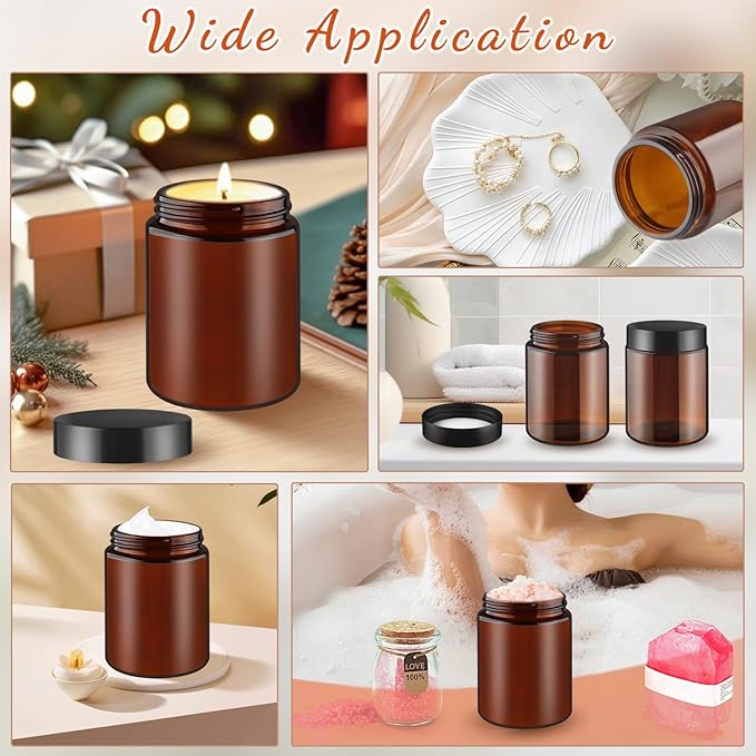 8 Pcs Amber Glass Cream Jar Refillable Empty Cosmetic Storage Bottle Sample Container Pot with Black Lids for Make Up Lotion Face Cream - 150ml/5oz