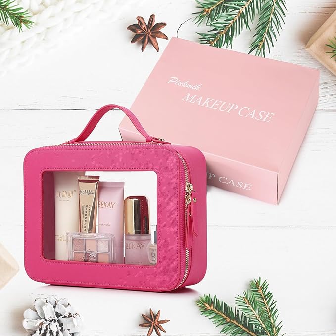Pinkmik Clear Makeup Bag Waterproof Travel Case for Cosmetics and Toiletries Women's Makeup Organizer and Car Bag with Zipper (X/Fuxia, L)