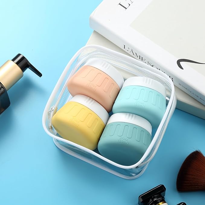 Gemice 2 oz Travel Containers for Toiletries, 4-Pack TSA Approved Travel Size Toiletries Containers for On-the-Go, Small Leak-Proof Travel Essentials Silicone Jar for Shampoo, Lotions, Cleanser