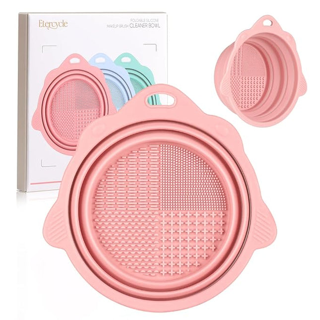 Foldable Silicone Makeup Brush Cleaner Bowl - Etercycle Portable Cleaning Tool for Brushes, Powder Puffs, and Sponges (Pink)