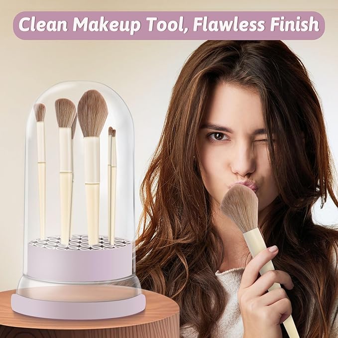 KAYUSO 3 in 1 Makeup Brush Cleaner Bowl and Dryer, Silicone Simply Makeup Brush Cleaner Mat, Waterproof Makeup Brush Holder with Lid, Cosmetic Tools Organizer (Purple)