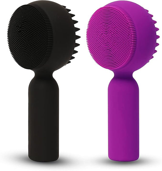 2 PC Silicone Facial Cleansing Brush 2 in 1 Facial Scrubber Manual Exfoliating Facial Brush Face Cleanser Face Exfoliator Ultrafine Bristles for Sensitive Skin Easy to Clean Lather Well(Black&Purple)