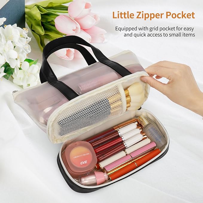 OCHEAL Small Multi-Functional Makeup Bag for Teens and Women Cute Cosmetic Case with Zipper Pouch/Double Handle for Travel Daily Use Multi-Scene Storage - Christmas or Birthday Gift for Girls-Black