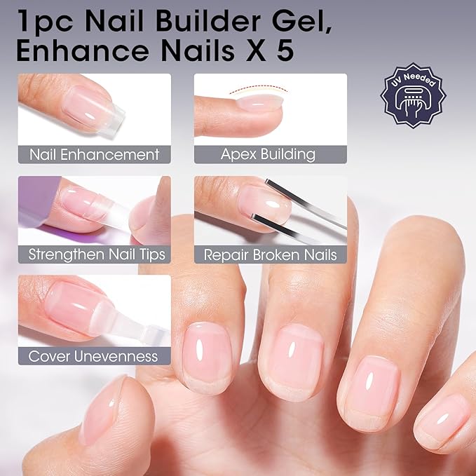 Gellen Salon-Grade Builder Gel for Nails, 5 in 1 Hema Free Clear Builder Gel for Nail Apex Strengthener 20ml Clear Builder GelNail Polish in Upgraded Bottle U V Cured for Home DIY