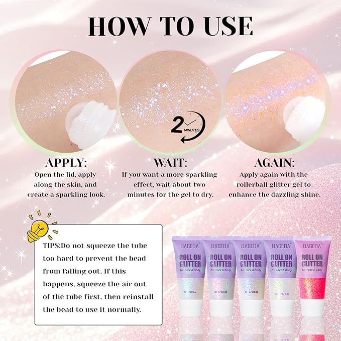 DAGEDA Roll-on Body Glitter,Holographic Eye Face Hair Glitter Gel for Festival Outfit Mermaid Accessories,Chameleon Color Body Shimmer Makeup Rave Outfits Accessories for Women 50ml(Dazzle)