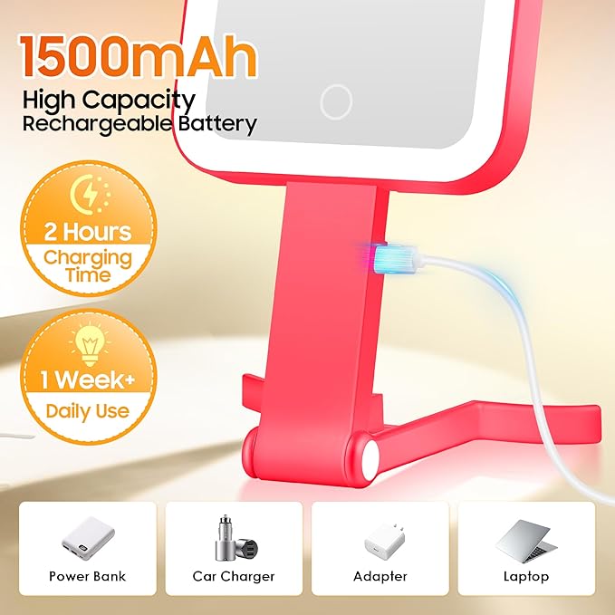 B Beauty Planet Small Travel Makeup Mirror with Lights(10" L x 5" W), Double-Sided 1X/30X Magnifying Mirror, 3 Color Lighting & Brightness Adjustable, Portable &Foldable Mirrors with Light (Red)