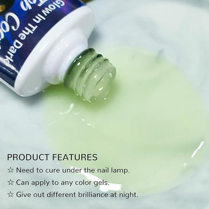 U-Shinein Glow In The Dark Gel, Glow Transparent Nail Top Coat, Long-lasting Luminous Nail Gel Top Coat for Nail Art, UV LED Needed Perfect with Any Colors Salon Pro DIY Home
