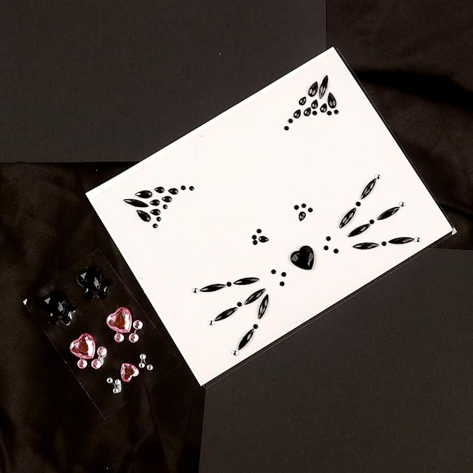 Crystal Cat Face Jewels with Pink Cat Print Gems - Face Jewels for Women & Kids - Cat Whiskers Costume Accessory