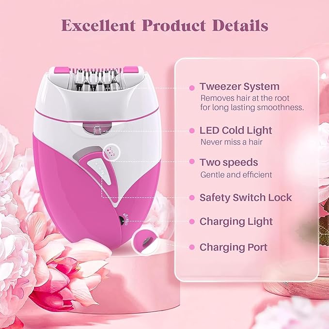 Epilator for Women, Smooth Glide Epilator Facial Hair Remover for Women with 2 Speed & LED Light, Electric Facial Hair Removal Suitable for Face, Bikini Areas, Underarms, Arms, Legs