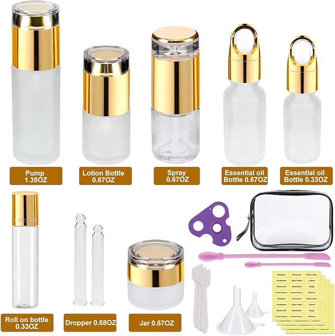 30 Pack TSA Approved Glass Travel Skincare Containers, 1.3/1/0.7/0.3oz Refillable Traveling Size Containers with Pump, Jars & Essential Oil Bottle in Clear Zip Bag, Leak-Proof for Creams & Liquids