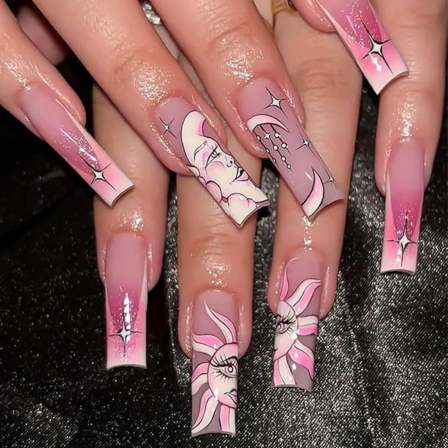 RUOKEXIN Long Square Press-On Nails - Pink Ombre, White French Tip Glitter Artificial Nails with Sun Moon Designs - 24 Cute, Glossy Glue-on Sets