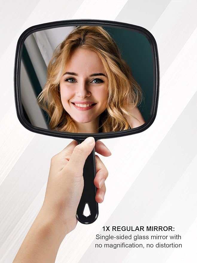 Hand Mirror, Barber Hairdressing Handheld Mirror with Handle for Salon, Square, Black, Medium