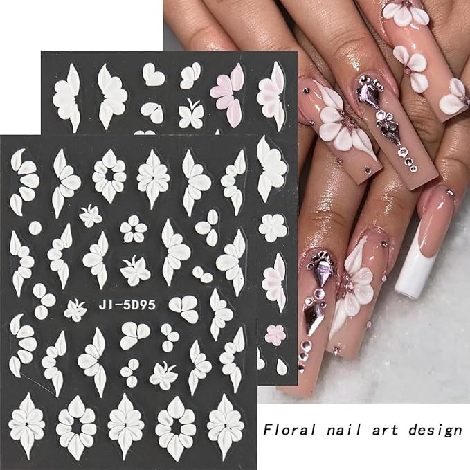 5D Embossed Flowers Nail Art Stickers, 5PCS Self-Adhesive Pink White Flower Sticker Floral Petals Cherry Blossom Butterfly Nail Decals French Tips Design Pegatinas para Uñas
