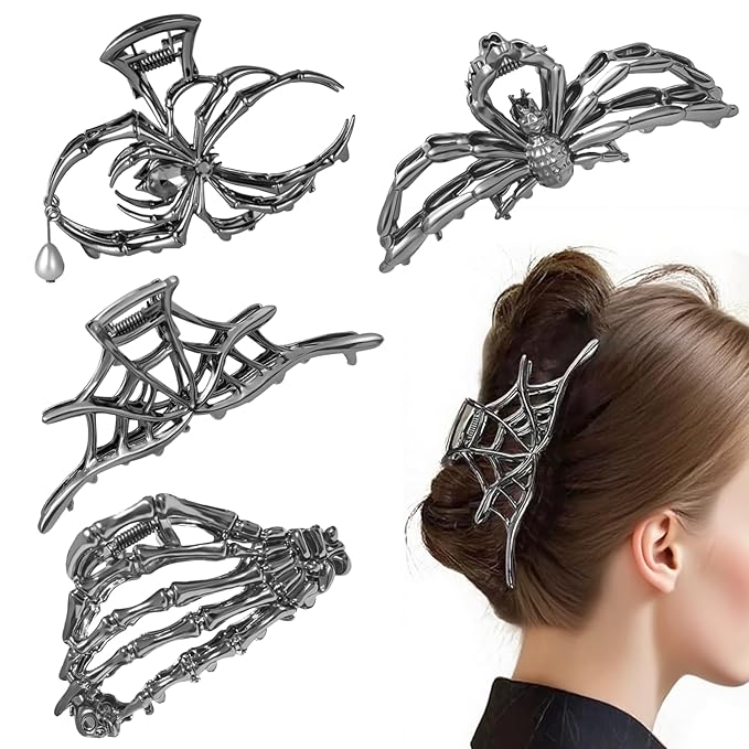4Pack Metal Black Spider Web hair clips Skeleton Hand Skull Hair Clips for Women And Girls,Goth Accessories for Thick Hair, Claw Clips Hair Accessories Halloween Christmas Gift.(Black 4Pcs)