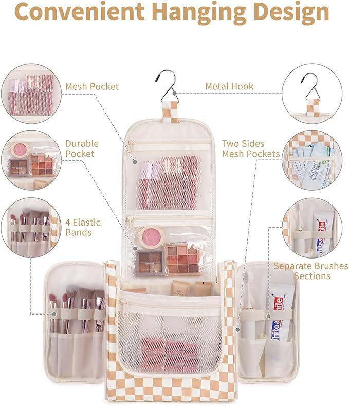 Narwey Checked Hanging Travel Toiletry Bag for Women, Travel Bag for Toiletries, Makeup Bag Organizer Cosmetic Bags Make Up Bags for Women (Light Checkerboard)