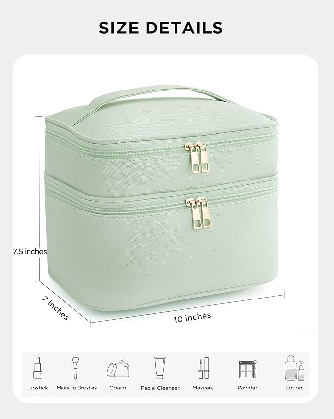 Makeup Bag for Women X-Large Travel Makeup Bag Organizer Portable Toiletry Bag Cute Makeup Bags Waterproof Leather Cosmetic Bag Makeup Case with Removable Dividers, Green