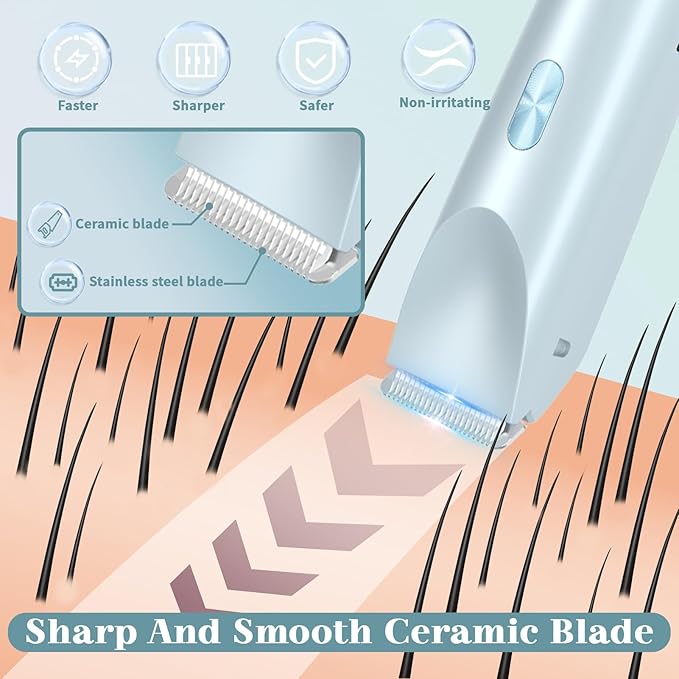 Women Bikini Trimmer, Dual-Head Hair Trimmer for Women,2-in-1 Bikini Shaver with Ceramic Blade Heads & Type-C Charging Port, Electric Razors for Women Pubic Hair,Underarms,Legs,Arms,Face (Light Blue)