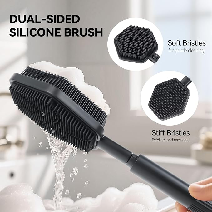 21 Inches Silicone Back Scrubber for Shower - Extendable Shower Brush Long Handle with Stiff and Soft Bristles -Loofah Alternative- Body Exfoliator for Bath or Dry Brush,Men & Woman (Black)