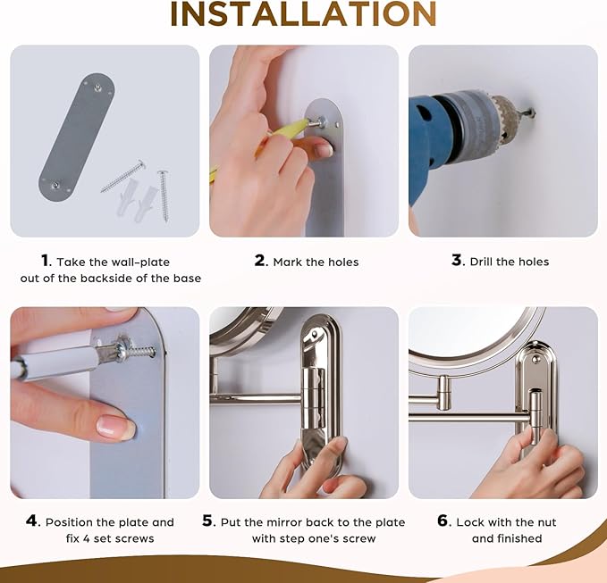 Wall Mounted Makeup Mirror - 1X/30X Magnifying Makeup Mirror with Extended Arm 360°Swivel Vanity Mirror, 8.5in Double Sided Mirror for Bathroom, No Lights